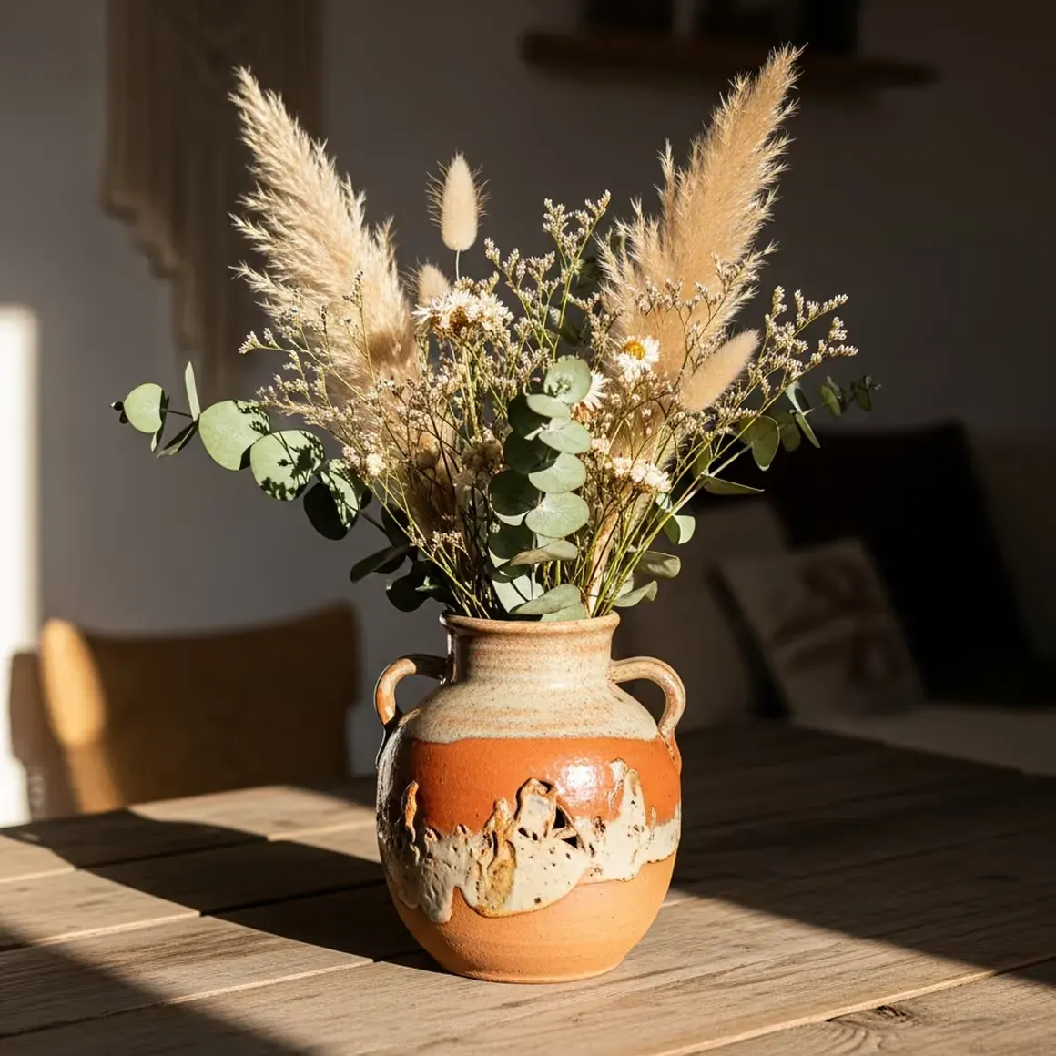 Thrown on the wheel in local stoneware, glazed inside so it holds water and left raw outside.