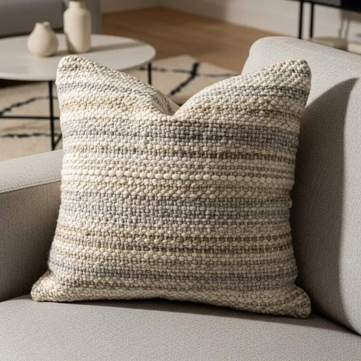 Handwoven on a floor loom in undyed cotton, with a hidden zip and a generous 45cm square.