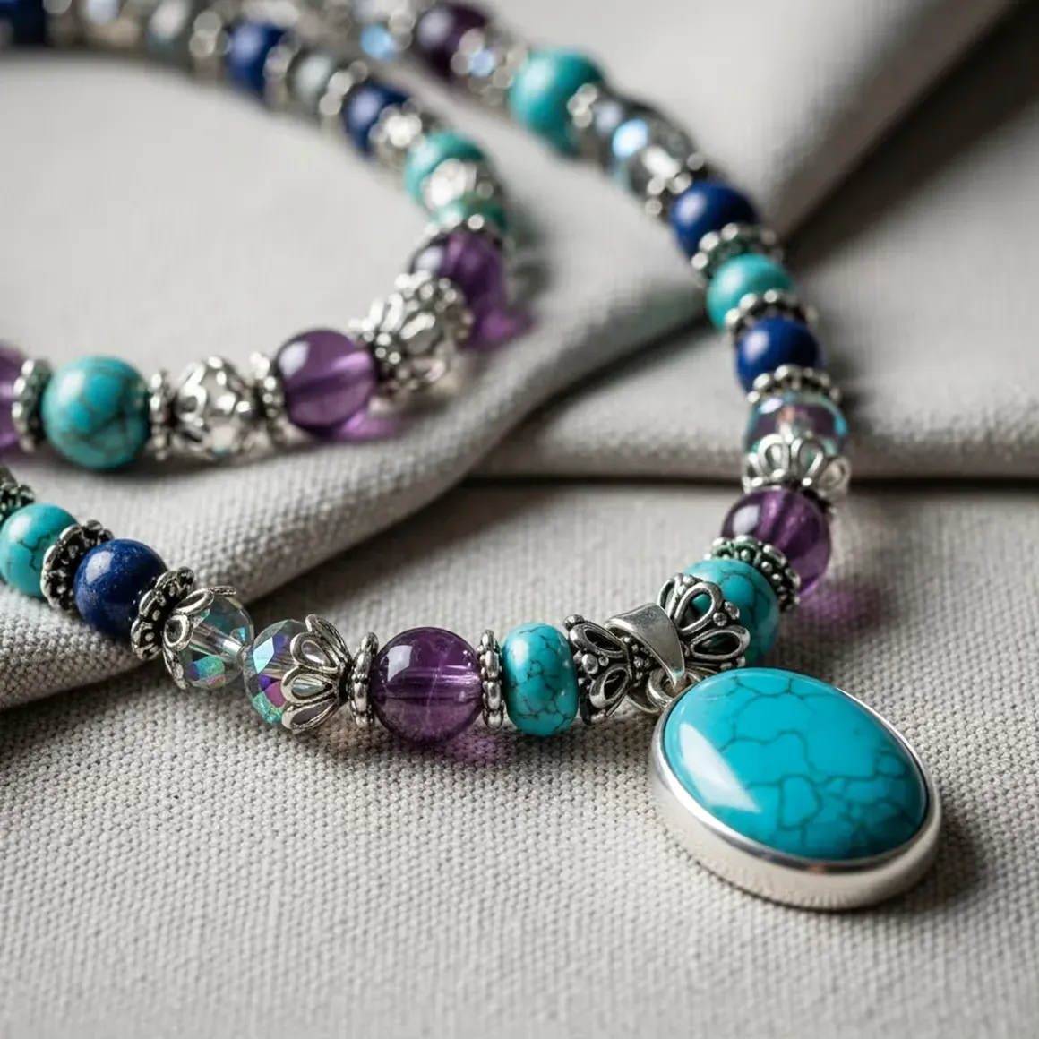 Hand-rolled paper beads sealed in beeswax, strung on waxed linen with a brass clasp.