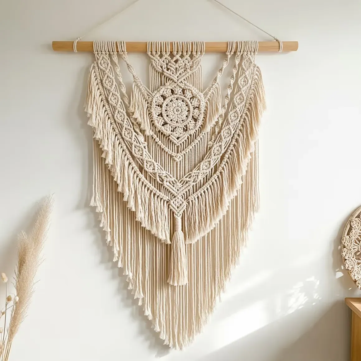 Knotted in undyed cotton rope on a length of driftwood, about a meter from dowel to fringe.