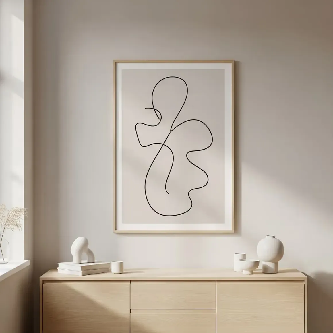 A single continuous line, drawn by hand and screen printed in walnut ink on heavy cotton rag.
