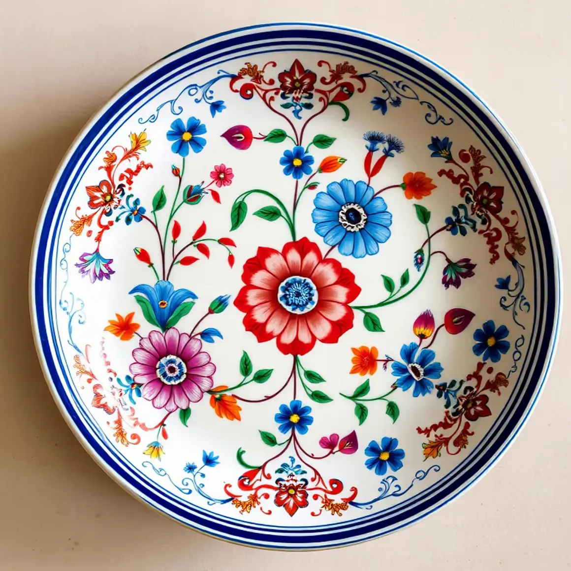 A 24cm stoneware plate painted freehand in cobalt under a clear glaze. Safe for the dishwasher.
